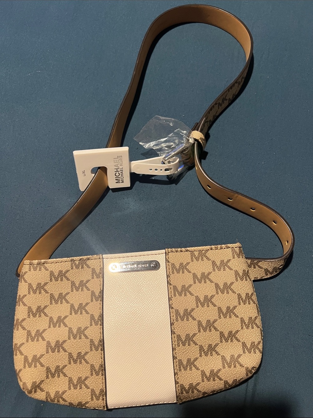 Michael Kors Tan Beige MK Logo Crossbody with Cream Center Panel
